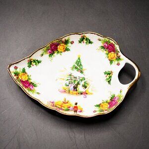 Royal Albert Christmas Magic Bone China Leaf Shaped Dish 1990 Decor Accent